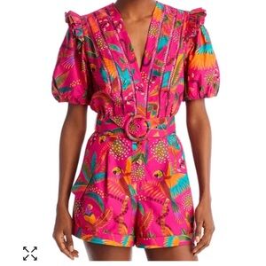 Farm Rio Macaw Belted puff sleeve romper size Small